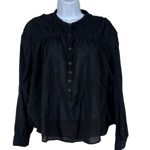 Pilcro Anthropologie Henley Popover Blouse Size M Black Gathered Shoulders Sheer